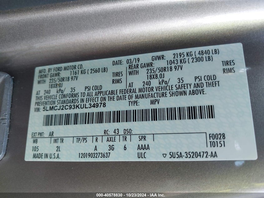 2019 LINCOLN MKC SELECT - 5LMCJ2C93KUL34978