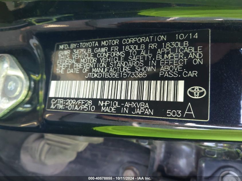 JTDKDTB35E1573385 2014 Toyota Prius C Two