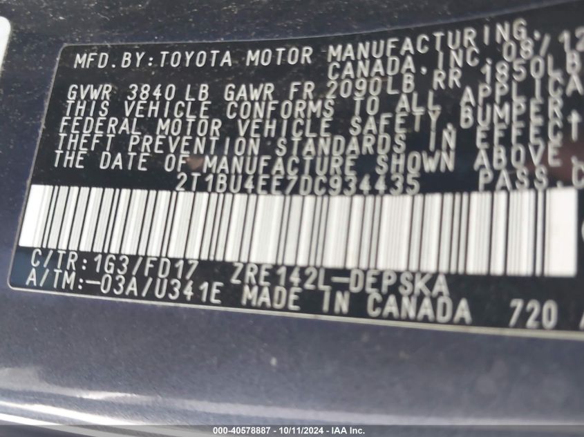 2T1BU4EE7DC934435 2013 Toyota Corolla S