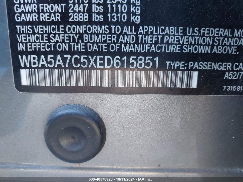 VIN WBA5A7C5XED615851 2014 BMW 5 Series, 528I Xdrive no.9