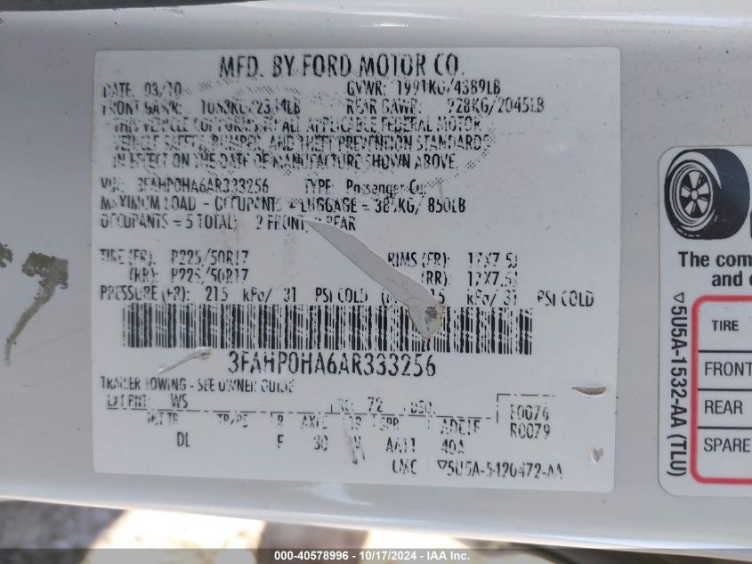 2010 Ford Fusion Se VIN: 3FAHP0HA6AR333256 Lot: 40578996