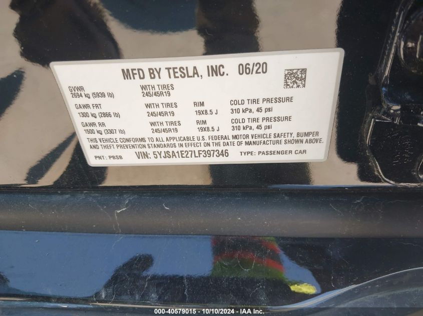 2020 Tesla Model S Long Range Dual Motor All-Wheel Drive/Long Range Plus Dual Motor All-Wheel Drive VIN: 5YJSA1E27LF397346 Lot: 40579015