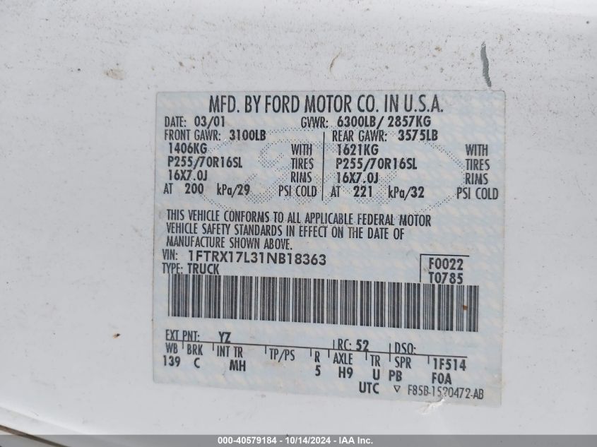 2001 Ford F-150 Lariat/Xl/Xlt VIN: 1FTRX17L31NB18363 Lot: 40579184