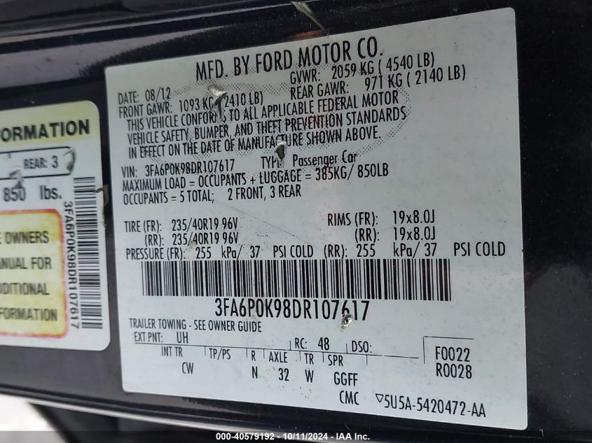 2013 Ford Fusion Titanium VIN: 3FA6P0K98DR107617 Lot: 40579192