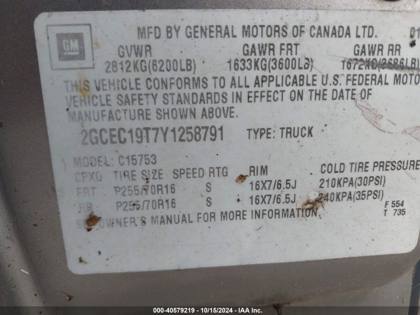 2000 Chevrolet Silverado 1500 Ls VIN: 2GCEC19T7Y1258791 Lot: 40579219