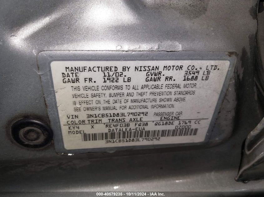 2003 Nissan Sentra Gxe VIN: 3N1CB51D83L790292 Lot: 40579235