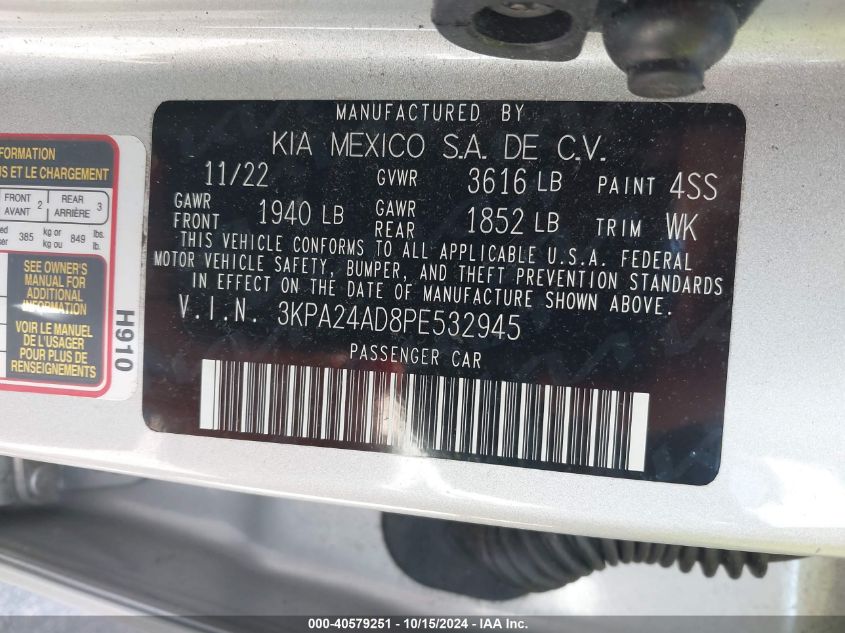 2023 Kia Rio Lx VIN: 3KPA24AD8PE532945 Lot: 40579251