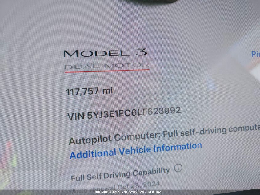 2020 Tesla Model 3 VIN: 5YJ3E1EC6LF623992 Lot: 40579259