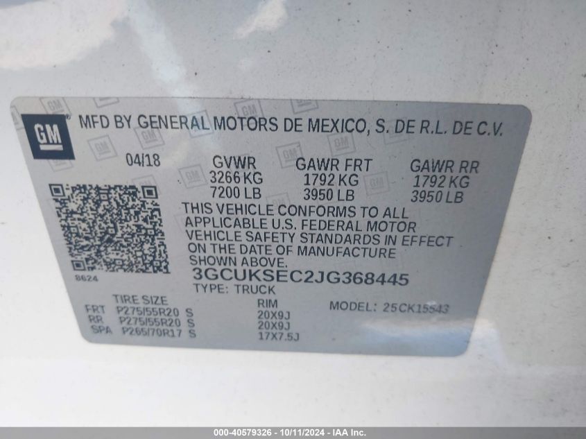 3GCUKSEC2JG368445 2018 Chevrolet Silverado 1500 1Lz