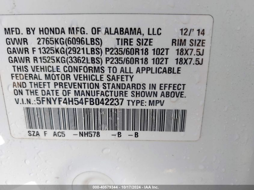 VIN JN8AT2MVXJW316120 2015 HONDA PILOT no.9