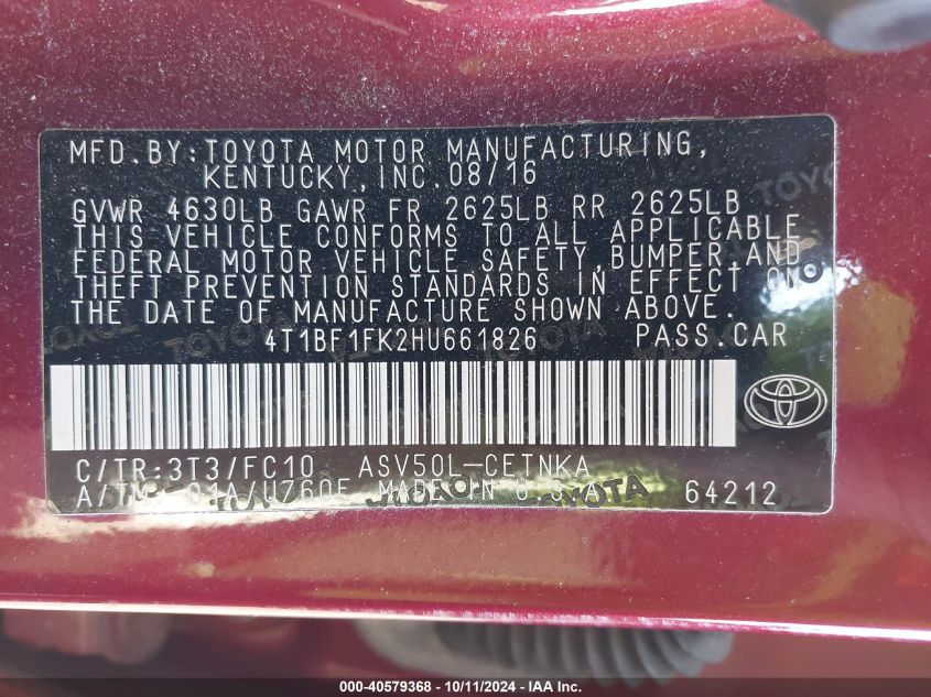 4T1BF1FK2HU661826 2017 Toyota Camry Le