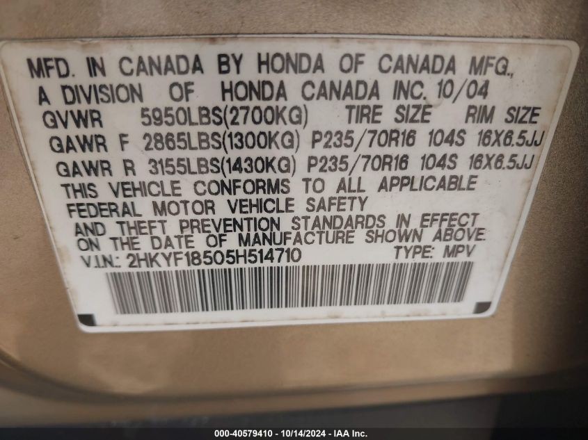2005 Honda Pilot Ex-L VIN: 2HKYF18505H514710 Lot: 40579410