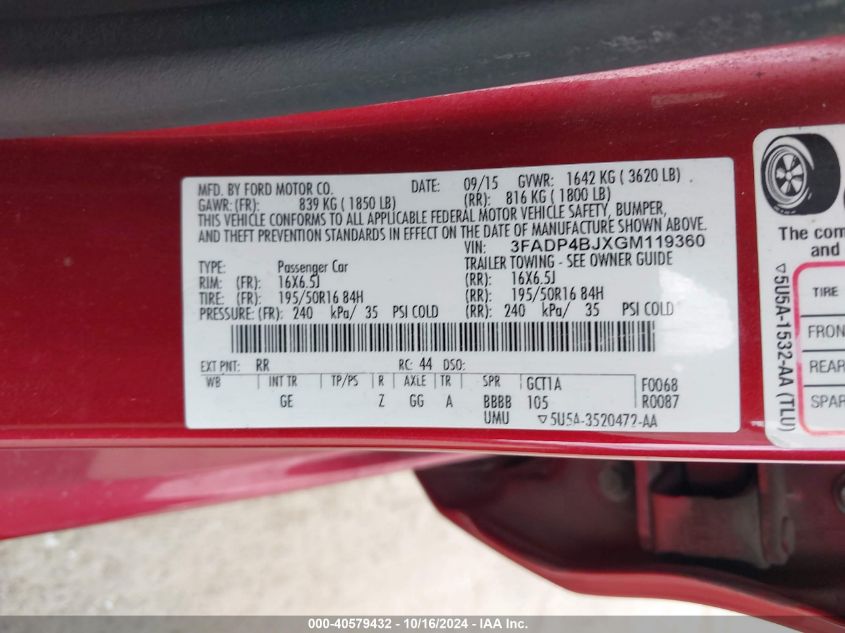 2016 Ford Fiesta Se VIN: 3FADP4BJXGM119360 Lot: 40579432