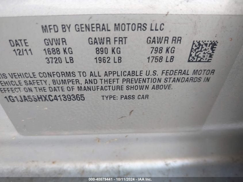 2012 Chevrolet Sonic 2Ls VIN: 1G1JA5SHXC4139365 Lot: 40579441