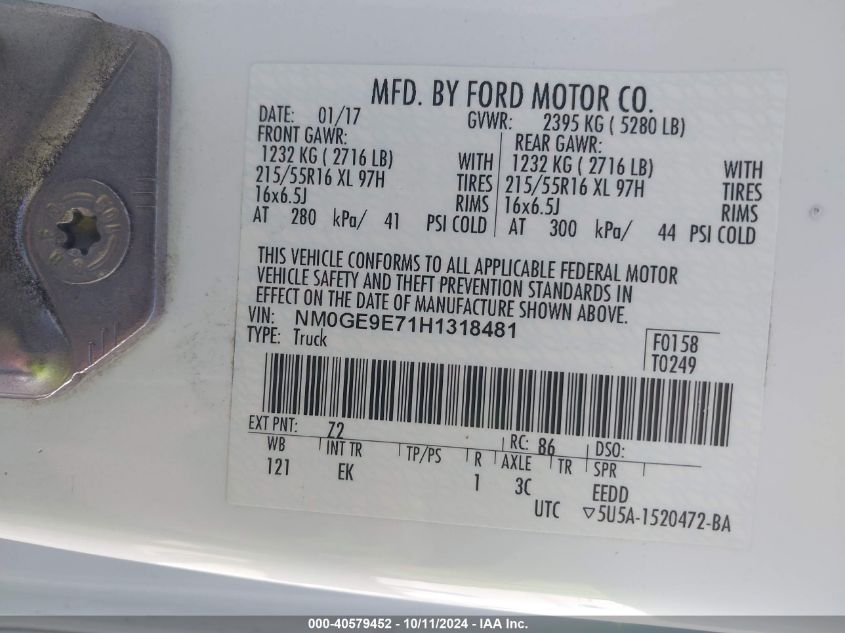 NM0GE9E71H1318481 2017 Ford Transit Connect Xl