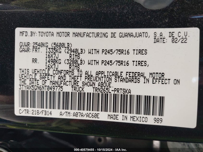 2022 TOYOTA TACOMA SR - 3TYAX5GN6NT049775