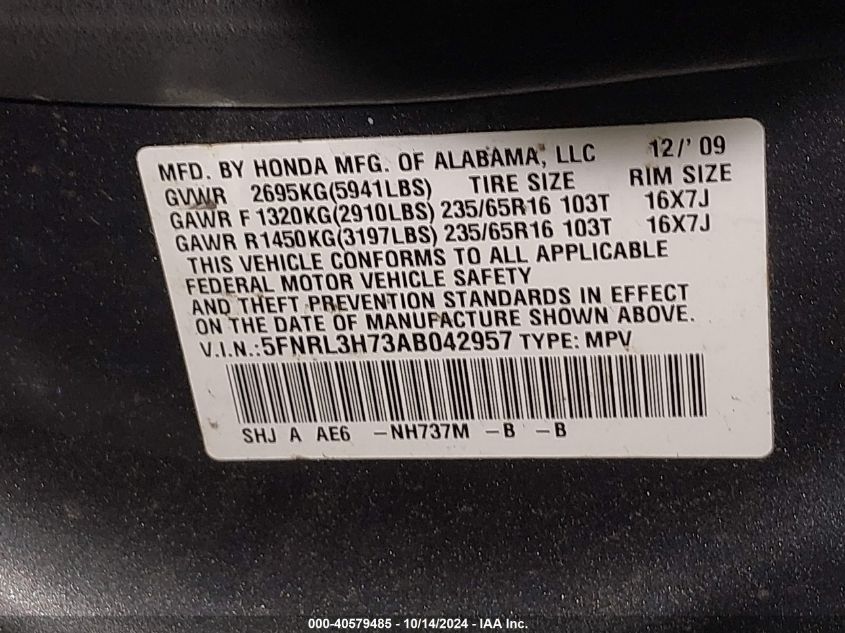 2010 Honda Odyssey Ex-L VIN: 5FNRL3H73AB042957 Lot: 40579485