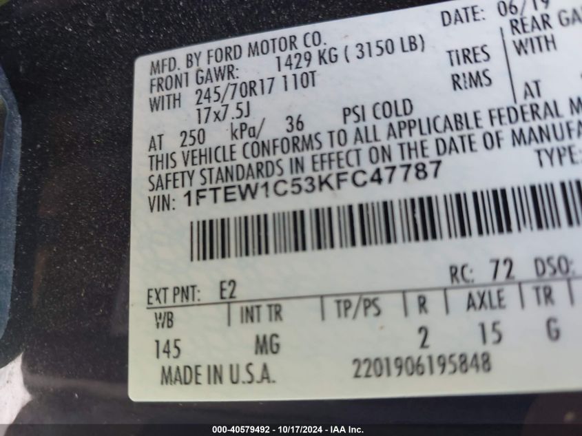 VIN 1FTEW1C53KFC47787 2019 FORD F-150 XLT