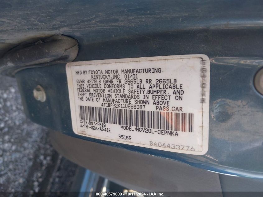 4T1BF22K11U966087 2001 Toyota Camry Le V6