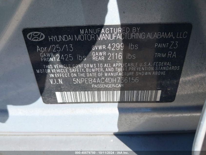 2013 Hyundai Sonata Gls VIN: 5NPEB4AC4DH736156 Lot: 40579750