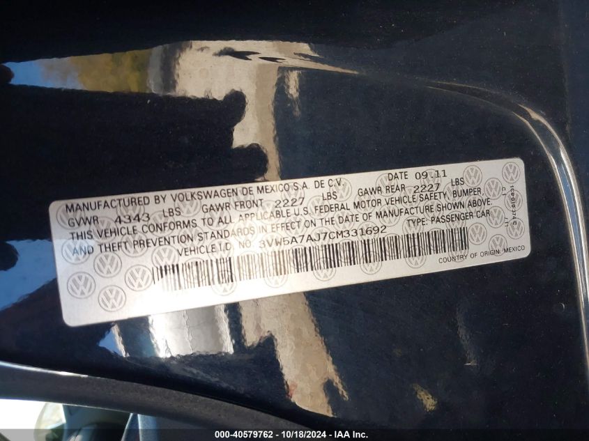 2012 Volkswagen Jetta Gli Autobahn W/Nav VIN: 3VW5A7AJ7CM331692 Lot: 40579762