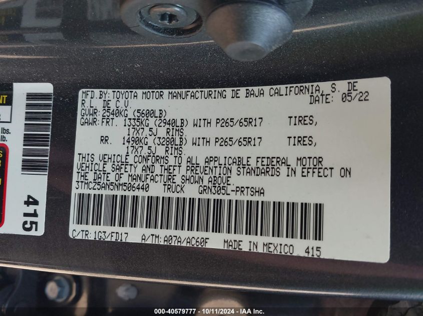 3TMCZ5AN5NM506440 2022 Toyota Tacoma Trd Sport