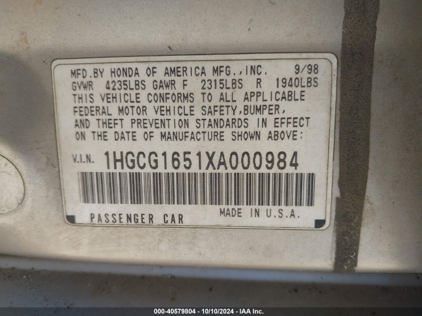 1HGCG1651XA000984 1999 Honda Accord Ex V6