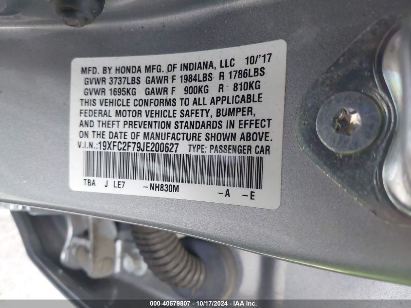 2018 Honda Civic Ex VIN: 19XFC2F79JE200627 Lot: 40579807