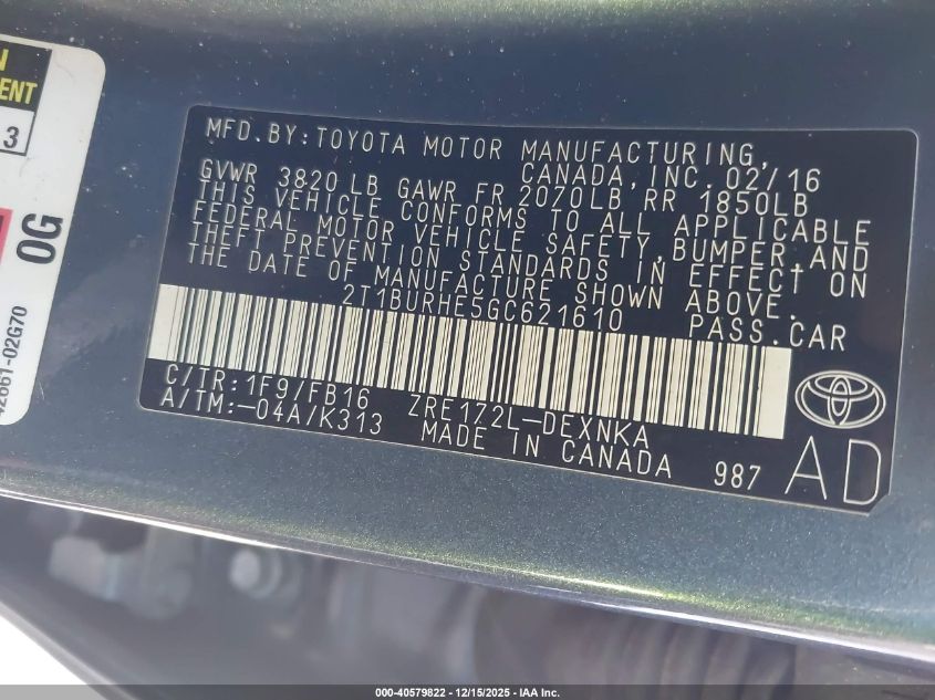 2016 Toyota Corolla Le VIN: 2T1BURHE5GC621610 Lot: 40579822