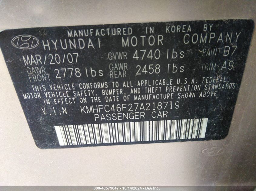 2007 Hyundai Azera Se/Limited VIN: KMHFC46F27A218719 Lot: 40579847