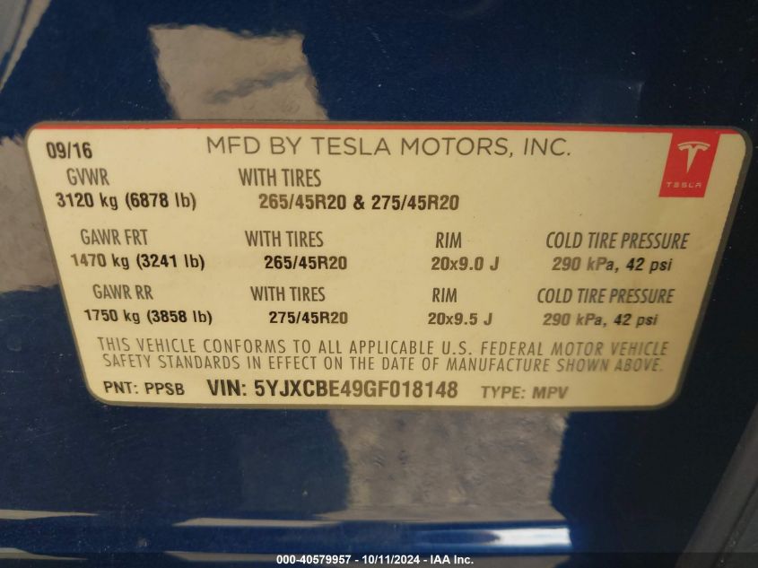 2016 Tesla Model X 75D/P100D/P90D VIN: 5YJXCBE49GF018148 Lot: 40579957