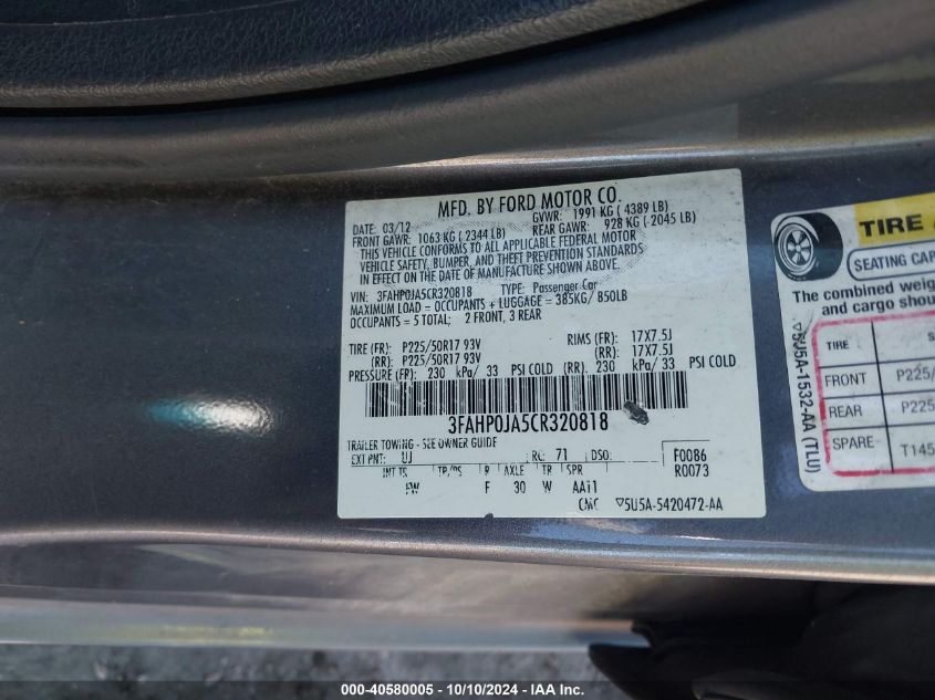 3FAHP0JA5CR320818 2012 Ford Fusion Sel