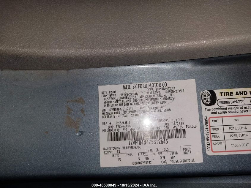 2007 Ford Mustang V6 Deluxe/V6 Premium VIN: 1ZVFT84N475312645 Lot: 40580049