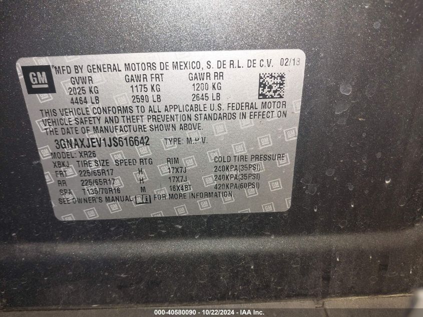 2018 Chevrolet Equinox Lt VIN: 3GNAXJEV1JS616642 Lot: 40580090