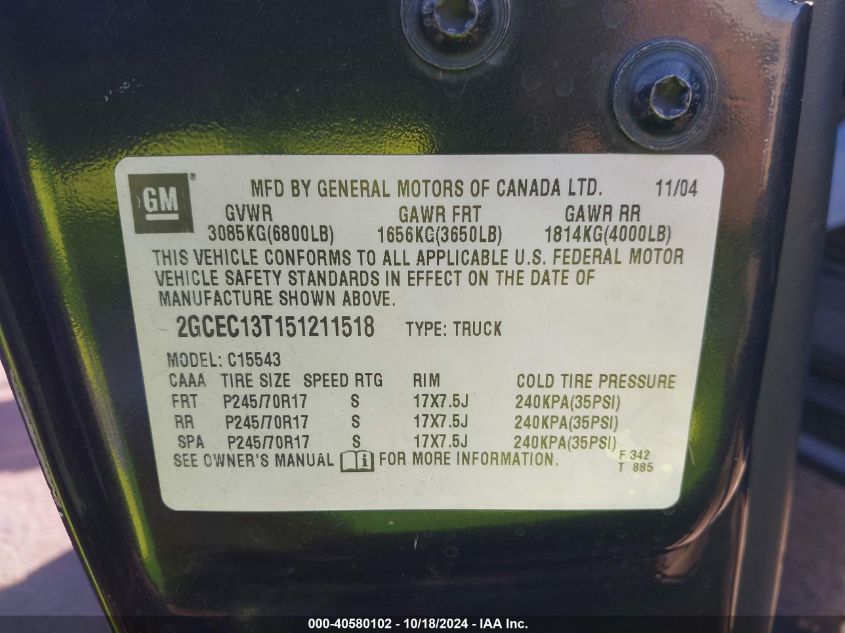 2005 Chevrolet Silverado 1500 Ls VIN: 2GCEC13T151211518 Lot: 40580102