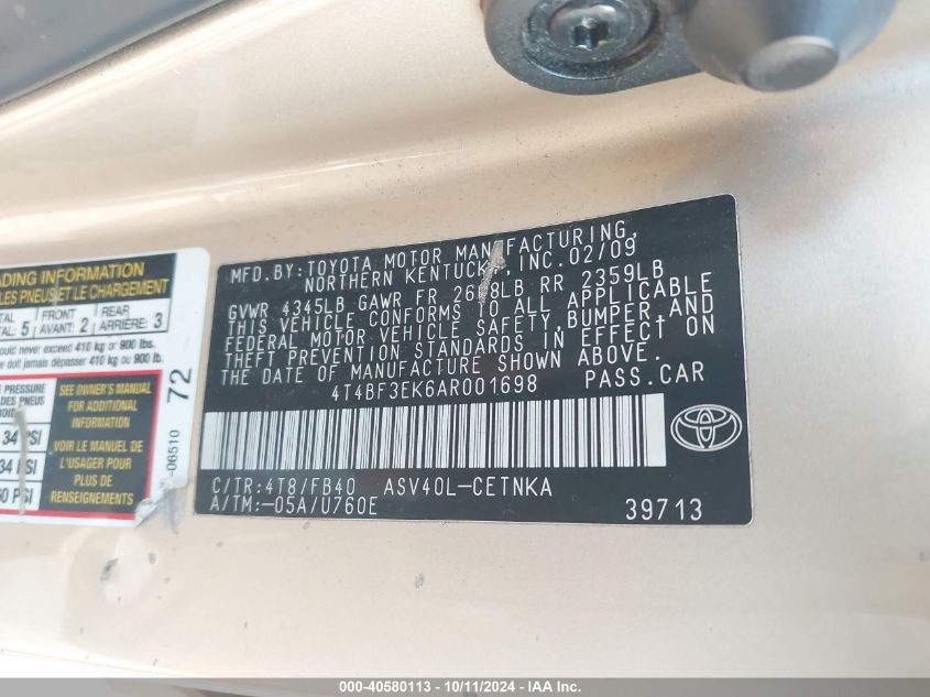 4T4BF3EK6AR001698 2010 Toyota Camry Se/Le/Xle