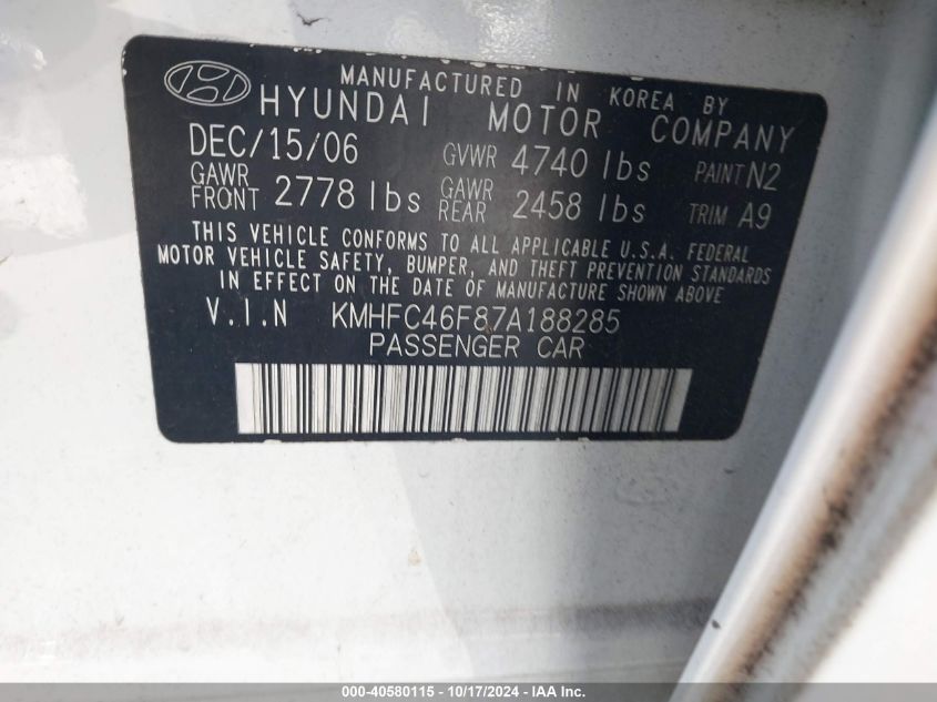 2007 Hyundai Azera Limited/Se VIN: KMHFC46F87A188285 Lot: 40580115