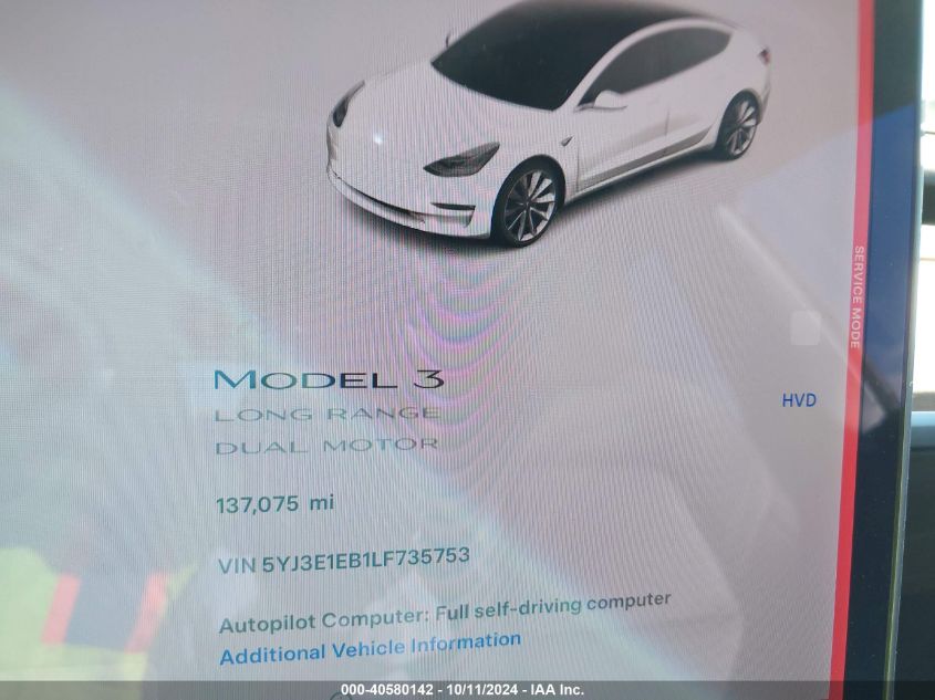 2020 Tesla Model 3 Long Range Dual Motor All-Wheel Drive VIN: 5YJ3E1EB1LF735753 Lot: 40580142