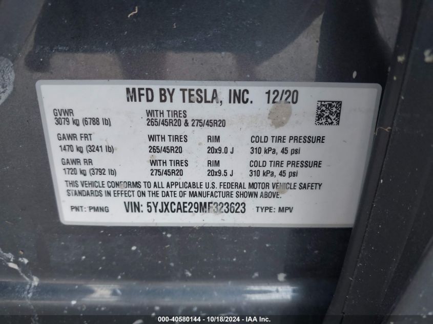 2021 Tesla Model X Long Range Dual Motor All-Wheel Drive/Long Range Plus Dual Motor All-Wheel Drive VIN: 5YJXCAE29MF323623 Lot: 40580144