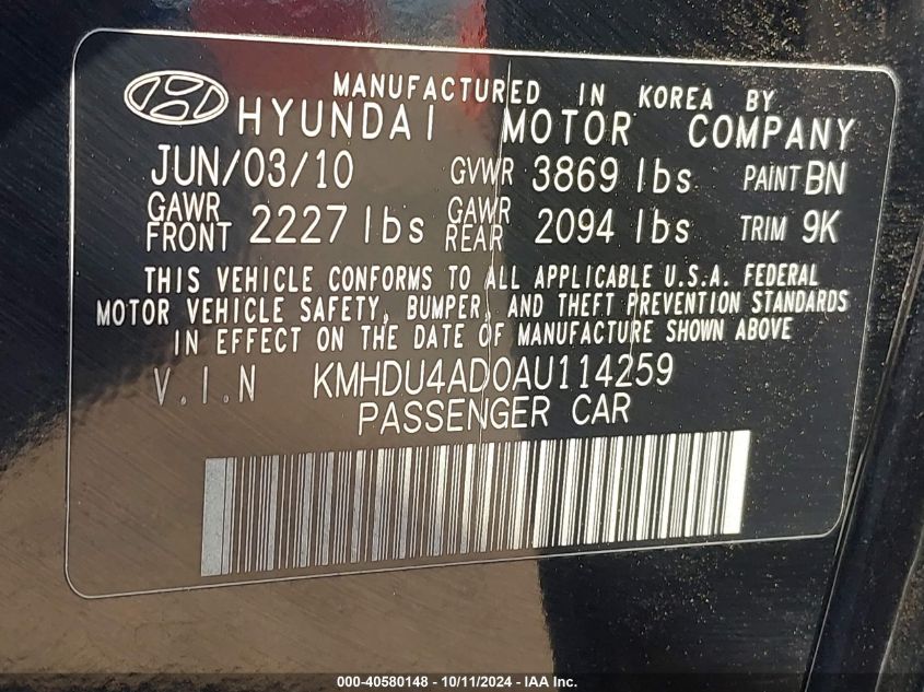 KMHDU4AD0AU114259 2010 Hyundai Elantra Gls