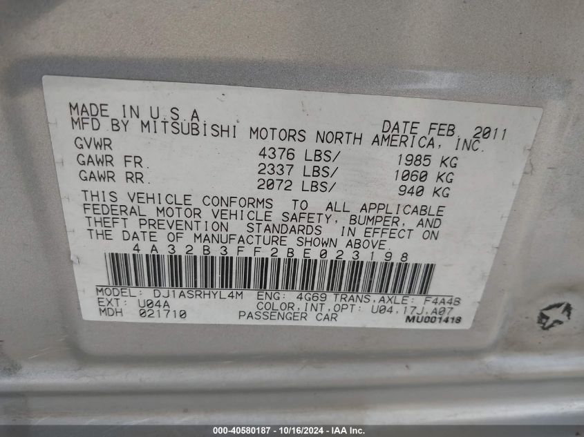 2011 Mitsubishi Galant Es/Se VIN: 4A32B3FF2BE023198 Lot: 40580187