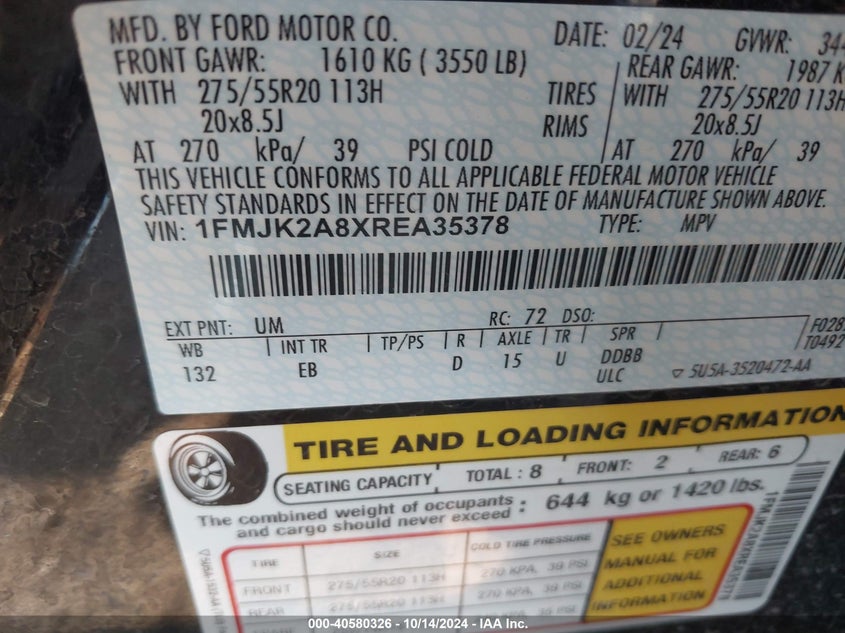 2024 Ford Expedition Max Limited VIN: 1FMJK2A8XREA35378 Lot: 40580326