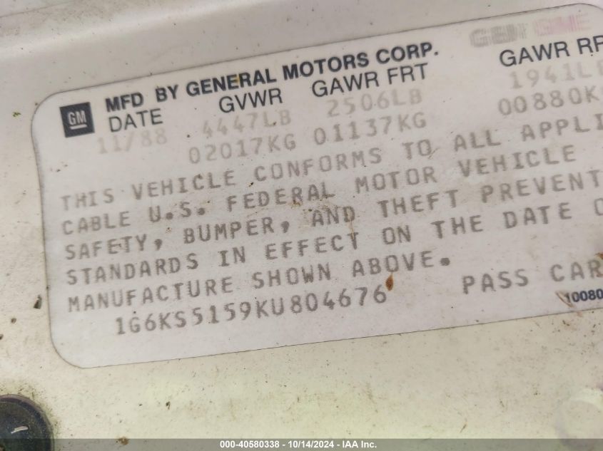 1989 Cadillac Seville VIN: 1G6KS5159KU804676 Lot: 40580338