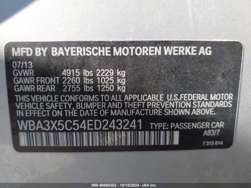 2014 BMW 328I Gran Turismo xDrive VIN: WBA3X5C54ED243241 Lot: 40580353