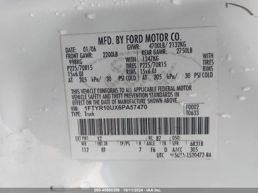 1FTYR10UX6PA57470 2006 Ford Ranger