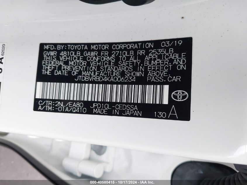 2019 Toyota Mirai VIN: JTDBVRBD4KA006234 Lot: 40580415