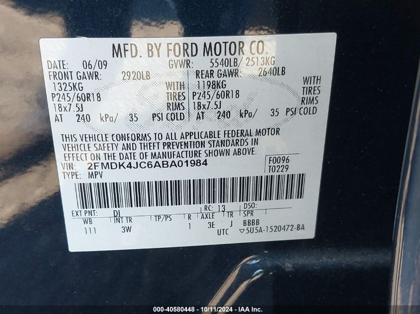 2010 Ford Edge Sel VIN: 2FMDK4JC6ABA01984 Lot: 40580448