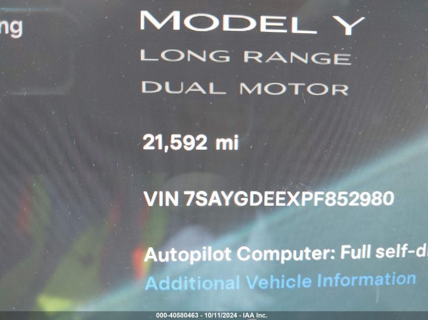 2023 Tesla Model Y VIN: 7SAYGDEEXPF852980 Lot: 40580463