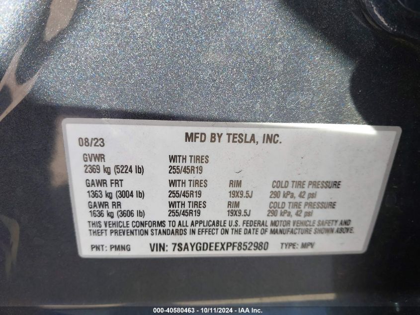 2023 Tesla Model Y VIN: 7SAYGDEEXPF852980 Lot: 40580463