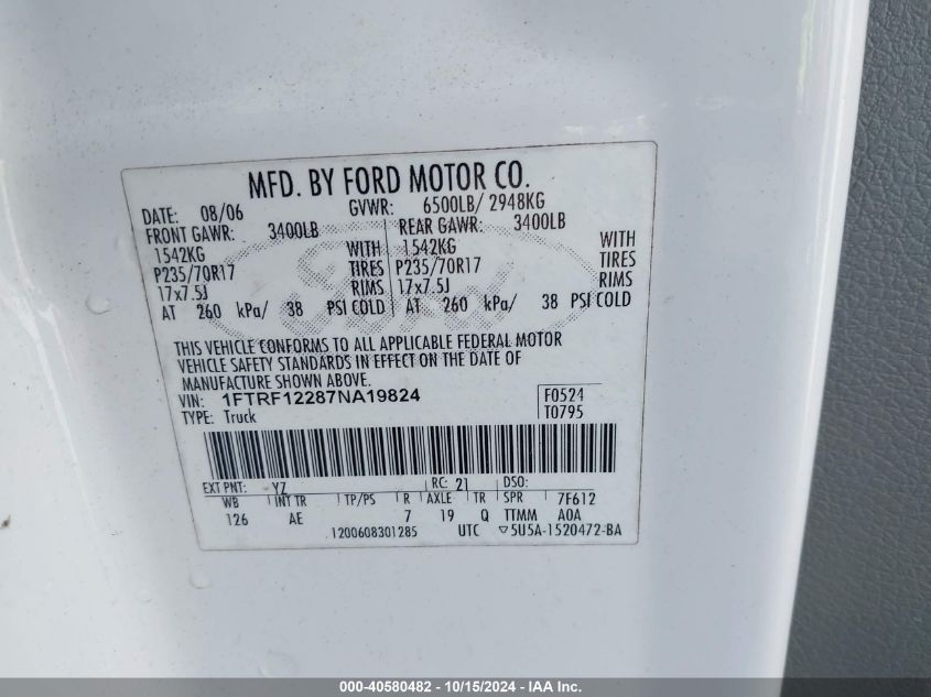 2007 Ford F-150 Stx/Xl/Xlt VIN: 1FTRF12287NA19824 Lot: 40580482